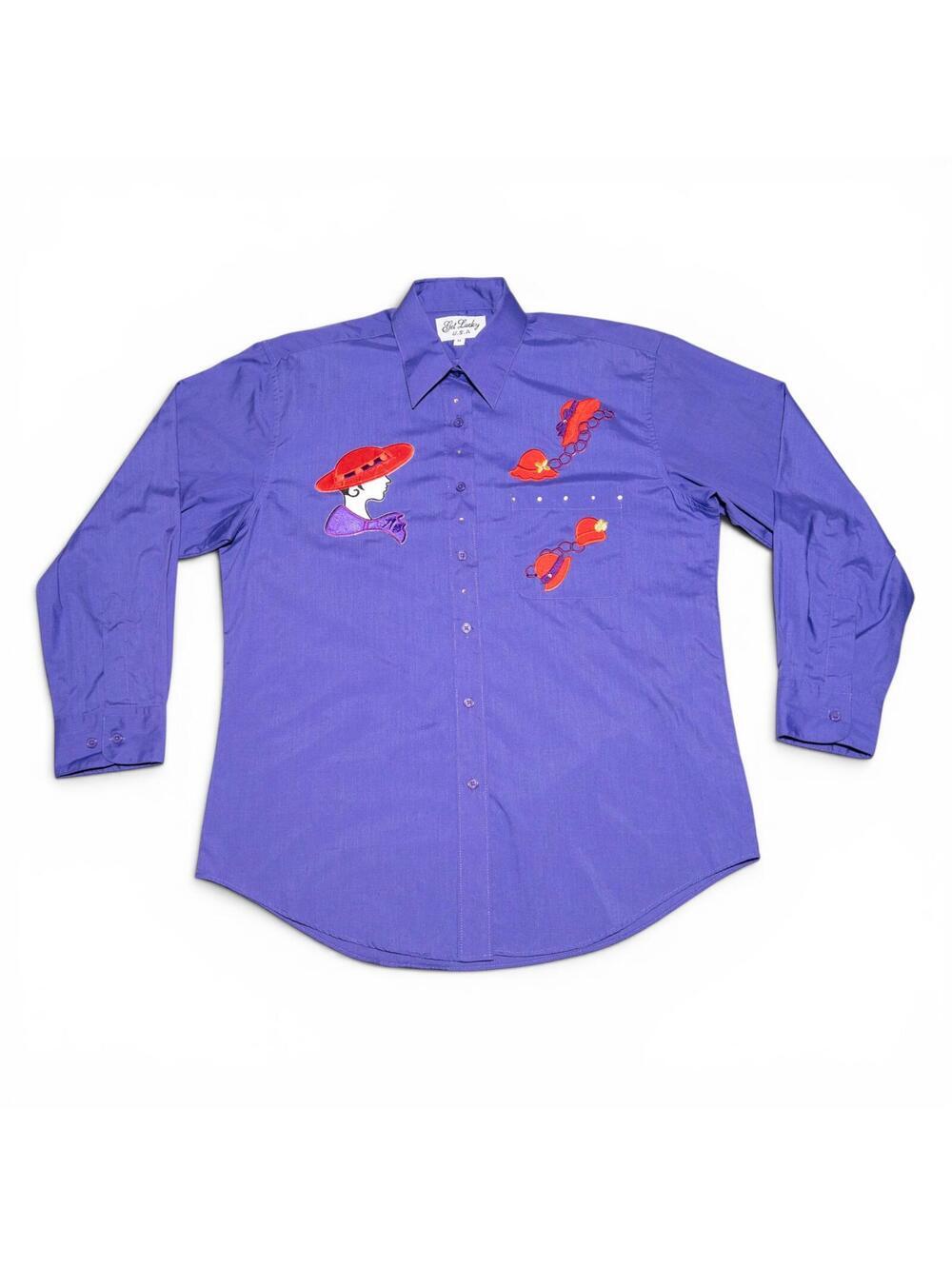Vintage 80s Get Lucky Purple Button-Up Shirt with Red Hat Embroidery